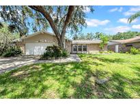 Charming single-story home with a stone facade, lush green lawn, mature tree, and a two-car garage at 3641 Coppertree Cir, Brandon, FL 33511