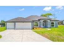 Charming single-story home featuring a three-car garage, well-maintained landscaping, and a covered front entry at 5317 Lydia Ct, Spring Hill, FL 34608