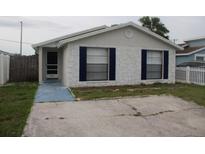 Charming single-story home featuring a stone facade, blue shutters, and a well-maintained front yard at 8234 Ravencroft Dr, Tampa, FL 33615