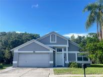 Charming one-story home featuring a two-car garage, well-maintained lawn, and a freshly painted gray exterior at 921 Linn Harbor Ct, Tarpon Springs, FL 34689
