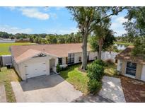 Charming single-story home featuring an attached garage and a well-manicured front yard with mature trees at 10202 Bellhurst Ct, Tampa, FL 33615