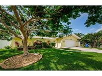 Charming yellow home with lush green lawn and mature tree providing shade and curb appeal at 14534 Yacht Club Blvd, Seminole, FL 33776