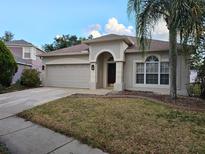 Charming home featuring an arched entryway, two car garage and lush palm tree at 18423 Meadow Blossom Ln, Tampa, FL 33647