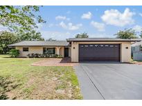 Charming single-story home with a well-manicured lawn, mature trees, and a two-car garage on a sunny day at 4228 Belle Isle Ct, New Port Richey, FL 34653