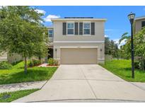 Charming two-story home featuring a well-maintained lawn and a two-car garage on a sunny day at 10823 Trailing Vine Dr, Tampa, FL 33610