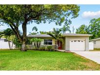 Charming home featuring a lush front yard, mature tree, palm trees, and a well-maintained lawn at 2560 51St N St, St Petersburg, FL 33710