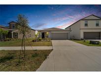 Charming one-story home with a well-manicured lawn, neutral paint, and attached garage at 3186 Oyster Cove St, Wimauma, FL 33598