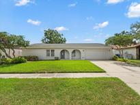 Charming single-story home with a well-manicured lawn and arched entryway at 4016 Windtree Dr, Tampa, FL 33624