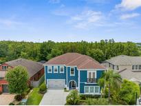 Beautiful two-story home featuring a blue exterior, well-manicured lawn, and mature landscaping at 4383 Ortona Ln, Wesley Chapel, FL 33543