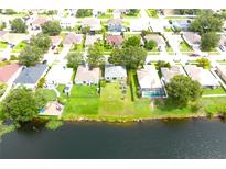 An aerial view of a community with lakefront property shows lush lawns, mature trees and in-ground swimming pools at 1423 Birchstone Ave, Brandon, FL 33511