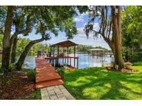 Beautiful lake view with a private covered dock, perfect for relaxing or entertaining near the water at 16205 Sentry Woods Ct, Odessa, FL 33556
