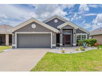 Charming single-story home featuring a well-manicured lawn and a two-car garage with inviting curb appeal at 10915 Kirkwall Port Dr, Wimauma, FL 33598