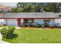 Charming single-story home featuring a red door, vibrant landscaping, and a well-manicured front lawn at 1809 Chinaberry Dr, Oldsmar, FL 34677