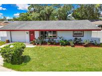 A cozy single-Gathering home with a lush green lawn and a welcoming front door with wreath at 1809 Chinaberry Dr, Oldsmar, FL 34677