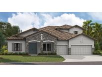 Charming single-Gathering home featuring stone accents, a tile roof, a well-manicured lawn, and an attached two-car garage at 10182 Meadowrun Dr, Lithia, FL 33547