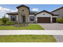 Beautiful single-Gathering home showcasing stone accents, a tile roof, and a manicured front yard at 14279 Swiss Bridge Dr, Riverview, FL 33579