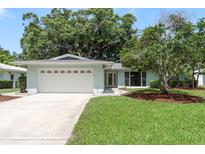 Charming single-story home with a well-manicured lawn, mature trees and a two car garage at 1960 Canadiana Ct, Dunedin, FL 34698