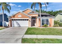 Charming single-story home with a well-maintained lawn, mature landscaping and two-car garage at 318 Lookout Dr, Apollo Beach, FL 33572