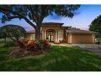 Inviting single-story home with lush landscaping, mature trees, and a well-manicured lawn at 4736 Stonebriar Dr, Oldsmar, FL 34677