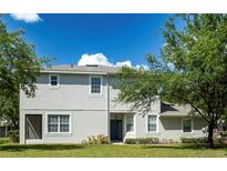 Charming townhome with well-maintained lawn, white-framed windows, and a dark blue front door beneath a covered entry at 19232 Stone Hedge Dr, Tampa, FL 33647