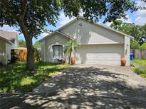 Charming single-story home featuring a two-car garage and mature landscaping with palm trees in decorative pots at 6203 Calamari Pl, Riverview, FL 33578