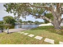 A serene backyard with a private dock and lush greenery leads to tranquil waterfront views at 10730 52Nd N Ave, St Petersburg, FL 33708