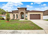 Charming single-story home featuring a stone facade, arched entryway, and well-maintained landscaping at 17838 Morninghigh Dr, Lutz, FL 33549