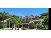 Charming two-story home featuring a well-manicured lawn with tropical landscaping at 18434 Eastwyck Dr, Tampa, FL 33647