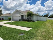 Charming single-story home featuring a manicured lawn, neutral color palette, and inviting curb appeal at 1905 Blue Stream St, Ruskin, FL 33570