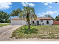 Charming home featuring a well-manicured front yard, a palm tree, and an attached two-car garage at 8445 Angela Ct, Zephyrhills, FL 33541