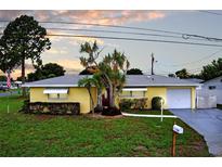 Charming yellow single story home with a well maintained lawn, attractive front yard landscaping, and a single car garage at 9120 108Th St, Seminole, FL 33772
