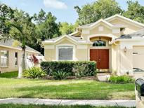 Charming home featuring a well-maintained lawn, mature landscaping, and a welcoming front entrance at 19743 Ellendale Dr, Land O Lakes, FL 34638