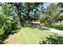 Sprawling front yard of a single story home featuring mature trees offering substantial shade coverage at 11307 Sandpine Rd, Riverview, FL 33569