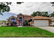 Charming single-story home featuring arched windows, lush landscaping, and an attached two-car garage at 28826 Windover St, Wesley Chapel, FL 33545