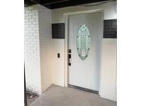 Stylish white front door with decorative glass window and painted brick surround at 104 W Wildwood St, Tampa, FL 33613