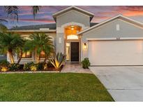 Charming single-story home boasting a well-manicured lawn, tropical landscaping, and attached two-car garage at 1631 Shady Oaks Dr, Oldsmar, FL 34677