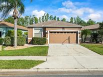 Charming single-story home with a well-manicured lawn and a two-car garage on a sunny day at 7606 Berna Ln, Land O Lakes, FL 34637