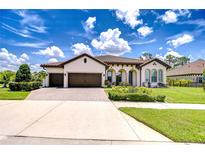 Beautiful single-story home featuring a three-car garage, paver driveway, and lush landscaping at 4122 Natural Vista Ct, New Port Richey, FL 34655