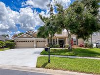 Charming single-story home boasts a well-manicured lawn, mature trees, and a spacious three-car garage at 22925 Collridge Dr, Land O Lakes, FL 34639