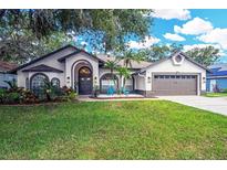 Charming single-story home boasts mature landscaping, arched windows, and a welcoming double-door entrance at 4617 Basswood St, Land O Lakes, FL 34639