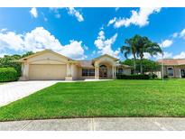 Well-maintained front yard featuring lush green grass, mature palm trees and an inviting exterior at 14096 Pullman Dr, Spring Hill, FL 34609