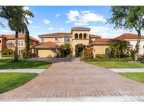 Stunning Mediterranean home with a tile roof, brick driveway, and lush landscaping at 8358 Dunham Station Dr, Tampa, FL 33647