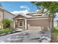 Inviting one-story home with tan stucco, a well-manicured lawn, and a two-car garage at 11130 Summer Star Dr, Riverview, FL 33579