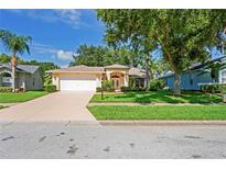 Charming single-story home with manicured lawn, double door entry, and attached two-car garage at 11412 Alden Ct, Hudson, FL 34667