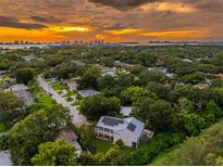 Breathtaking sunset view of the home and lush surroundings of the area and the city skyline in the background at 321 Barbara Cir, Belleair, FL 33756