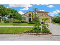 Beautiful two-story home with a well-manicured lawn and lush landscaping at 1649 Ledgestone Dr, Brandon, FL 33511