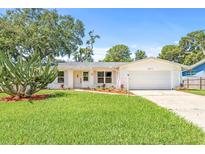 Charming single-story home with a well-maintained lawn and landscaping featuring a decorative cactus at 2017 Rebecca Dr, Clearwater, FL 33764