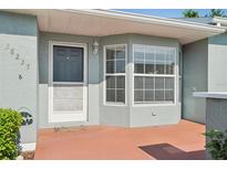 Charming front entrance with a gray door, complemented by a bay window providing natural light at 38237 Eucalyptus Dr, Zephyrhills, FL 33542