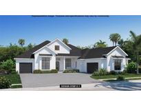 Modern farmhouse-style home with a black roof, white siding, two-car garage, and a well-manicured lawn at 5119 Summit View Dr, Brooksville, FL 34601