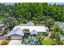 Stunning aerial view of a modern home featuring a metal roof, mature landscaping, and a lush, green wooded backdrop at 4096 38Th S St, St Petersburg, FL 33711